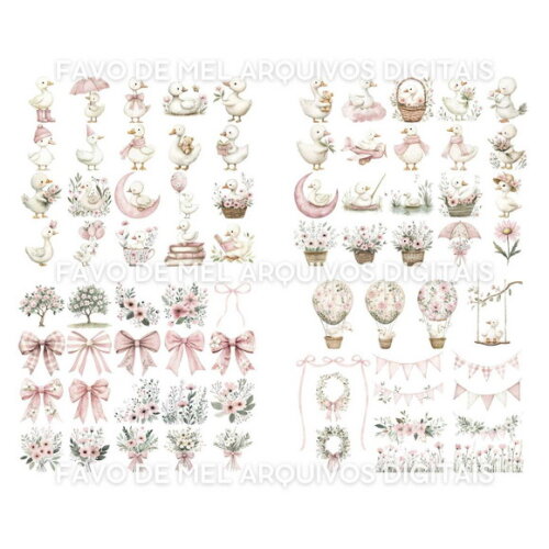 Kit Digital Ganso Rosa Aquarela #16 Png Premium