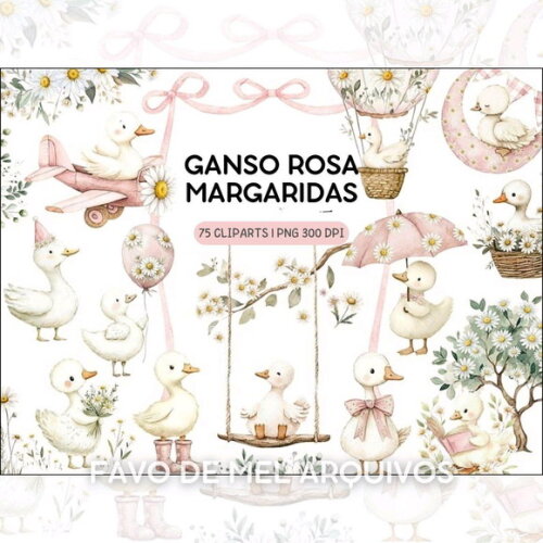 Kit Digital Ganso Rosa Aquarela Margaridas Png