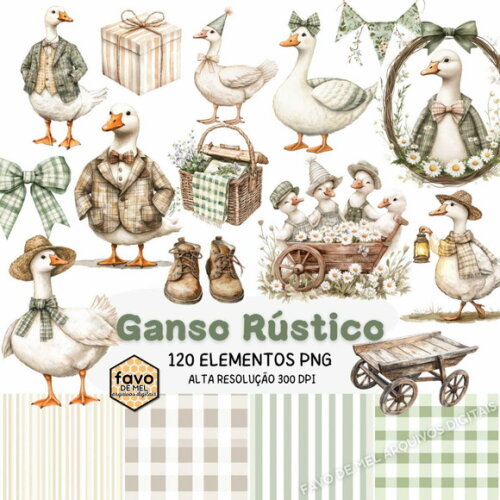 Kit Digital Ganso Rústico Cottagecore Aquarela Png #9