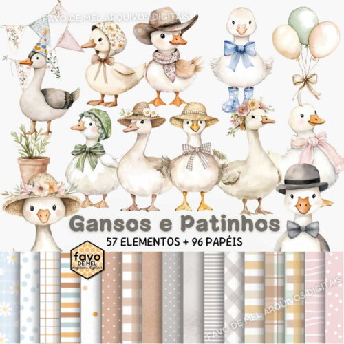 Kit Digital Gansos e Patinhos Aquarela #11 Png Premium