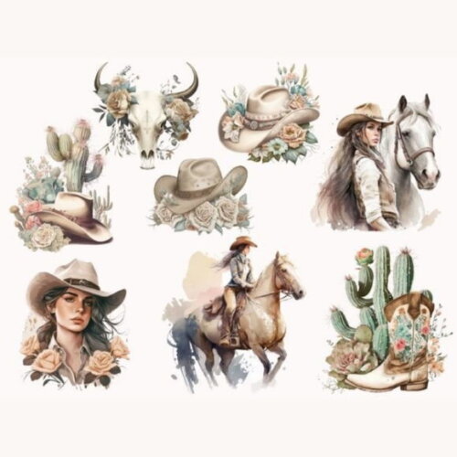 Kit Digital Garota Country Cowgirl Boho Aquarela