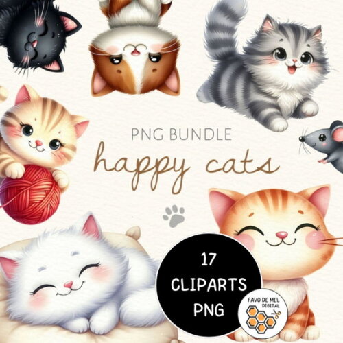 Kit Digital Gatinhos Aquarela Premium - Happy Cats (cc)