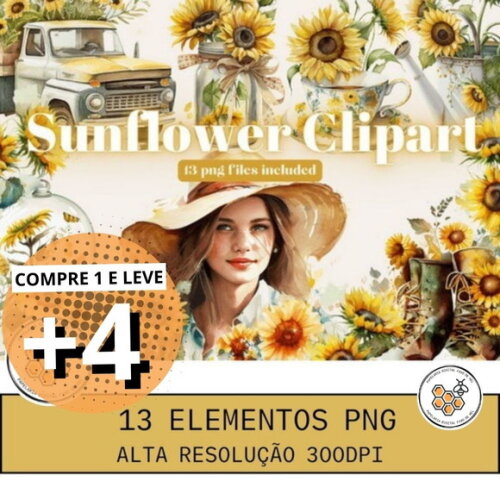 Kit Digital Garota Girassol Sunflower Aquarela