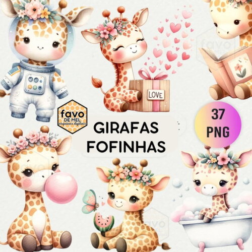 Kit Digital Girafa Baby Aquarela #2 Png Premium