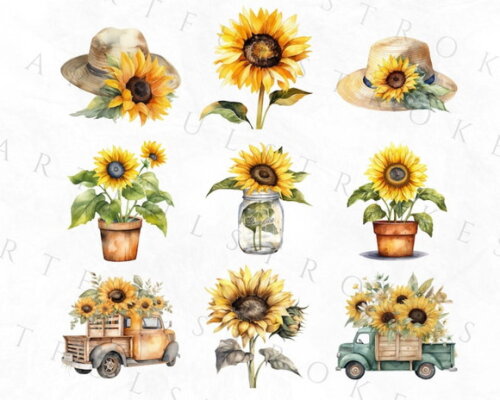 Kit Digital Girassol Aquarela - Sunflowers (artfs)