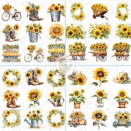 Kit Digital Girassol Aquarela - Sunflowers (artfs)