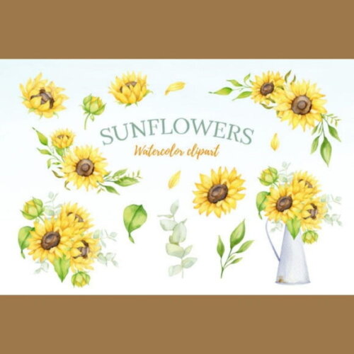 Kit Digital Girassol Aquarela - Sunflowers Watercolor