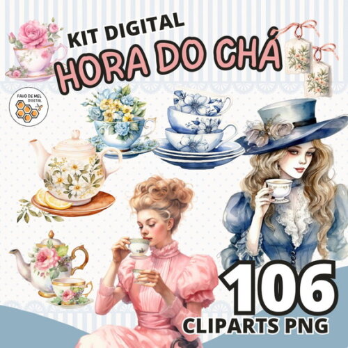 Kit Digital Hora do Chá Vintage Aquarela - Combo 12 Kits