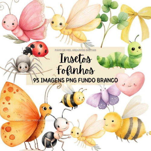 Kit Digital Insetos Fofinhos Aquarela Png Fundo Branco