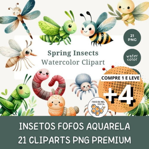 Kit Digital Insetos Fofos Aquarela - Spring Insects (sd)