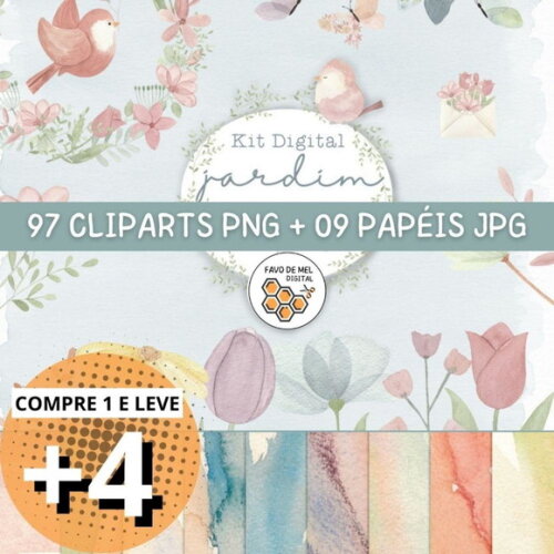 Kit Digital Jardim Aquarela - Elementos e Papéis