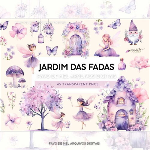 Kit Digital Jardim das Fadas #12 Fadinhas Lilás Aquarela Png