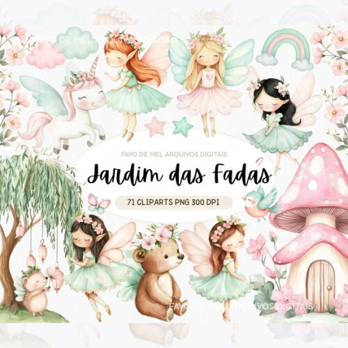Kit Digital Jardim das Fadas Aquarela #6 Png Premium