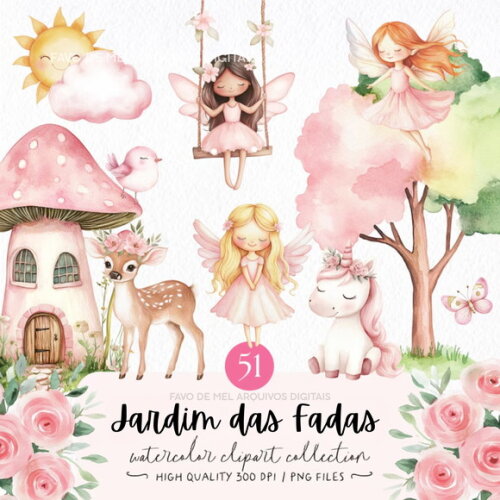 Kit Digital Jardim das Fadas Aquarela #5 Png Premium