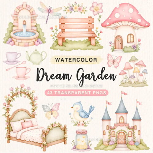 Kit Digital Jardim Encantado Aquarela #1 Png Premium