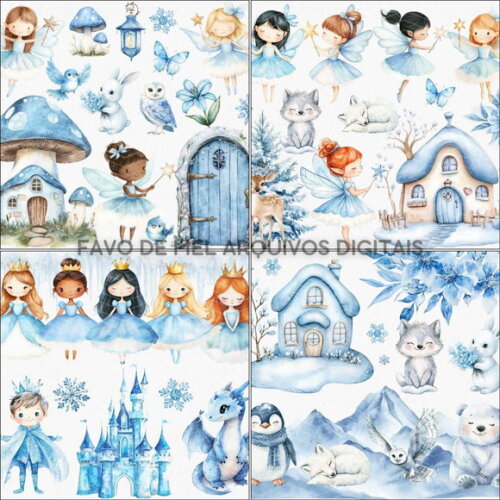 Kit Digital Jardim Encantado Azul Aquarela com Princesas Png