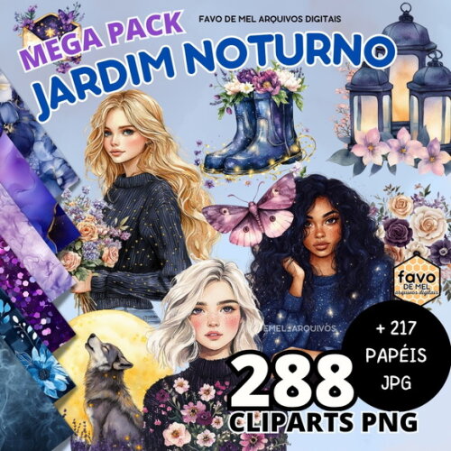 Kit Digital Jardim Noturno Scrapbook Aquarela Png