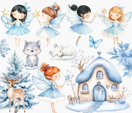 Kit Digital Jardim Encantado Azul Aquarela com Princesas Png