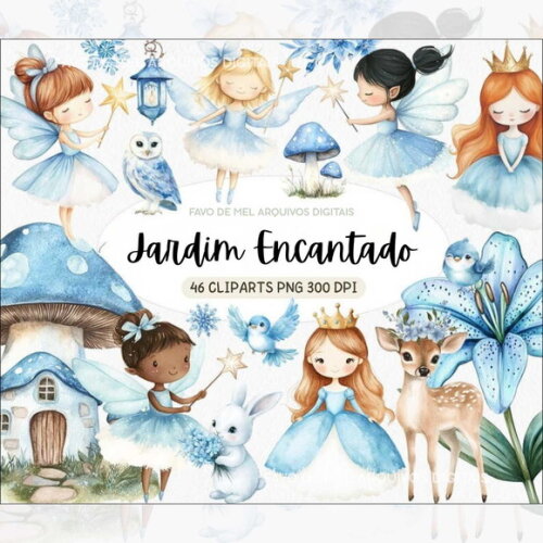 Kit Digital Jardim Encantado Azul Aquarela com Princesas Png
