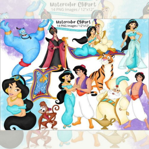 Kit Digital Jasmine e Aladdin Aquarela Png Premium
