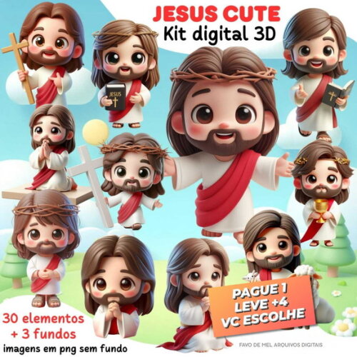 Kit Digital Jesus Cute 3d Png (pague 1 Leve +4)