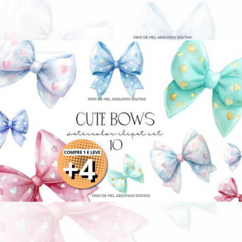 Kit Digital Laços Candy Color Aquarela - Lacinhos Tom Pastel
