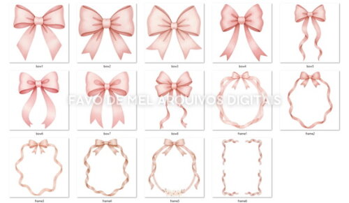 Kit Digital Laços e Molduras Rosa Aquarela Png Premium