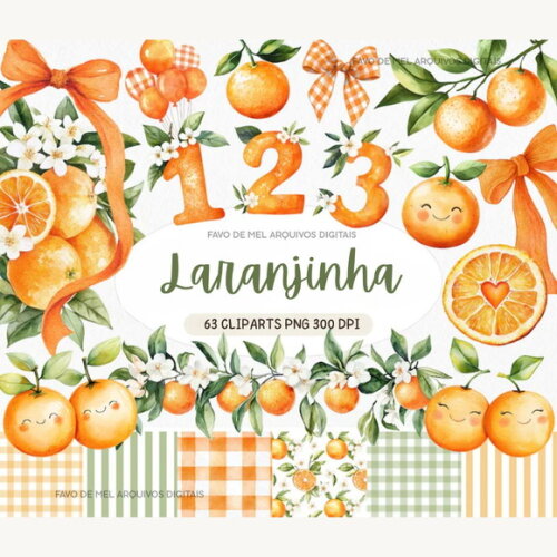 Kit Digital Laranjinhas Aquarela Png com Papéis Digitais