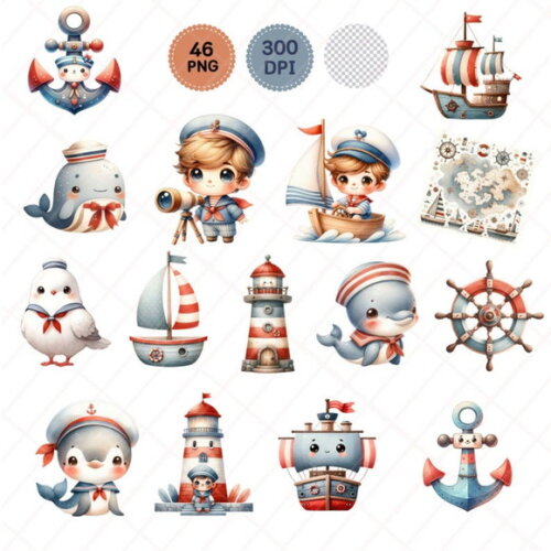 Kit Digital Marinheiro Cute Aquarela | Little Sailor Boy