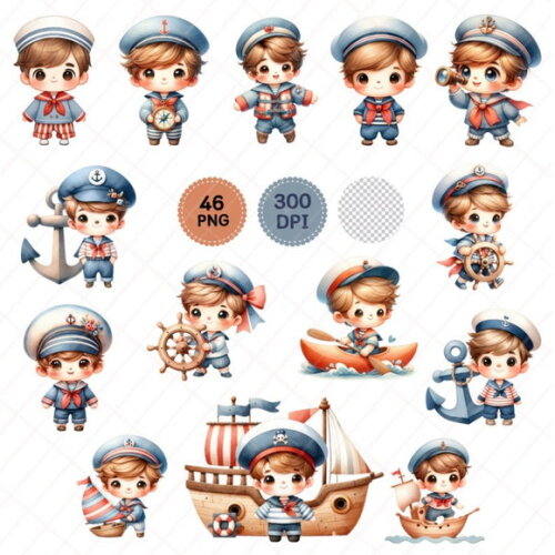 Kit Digital Marinheiro Cute Aquarela | Little Sailor Boy