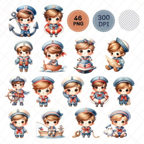 Kit Digital Marinheiro Cute Aquarela | Little Sailor Boy