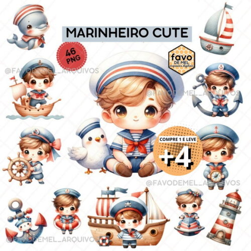 Kit Digital Marinheiro Cute Aquarela | Little Sailor Boy
