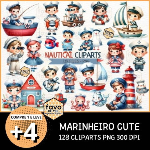 Kit Digital Marinheiros Cute Aquarela - Menino e Menina Nca