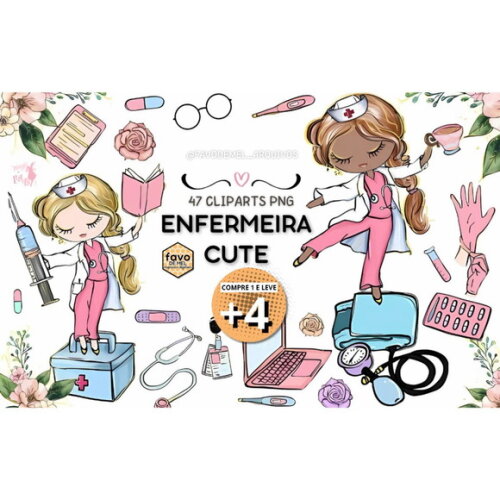 Kit Digital Médica Enfermeira Aquarela Cute