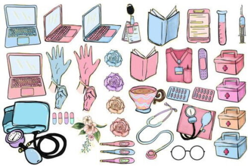 Kit Digital Médica Enfermeira Aquarela Cute