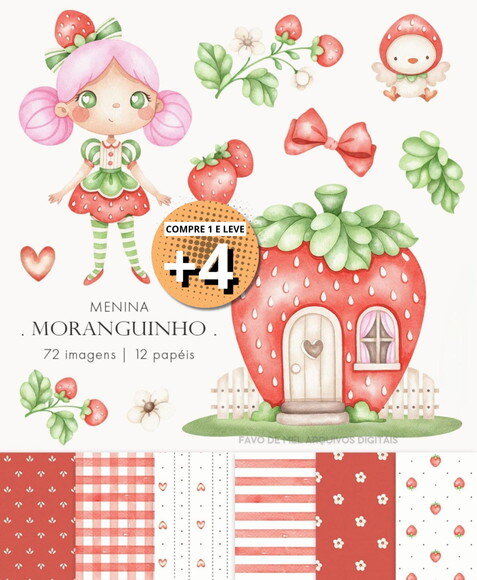 Kit Digital Menina Moranguinho Aquarela (pague 1 e Leve +4)