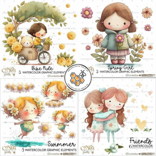 Kit Digital Meninas Aquarela Confeti (combo 4 Kits)
