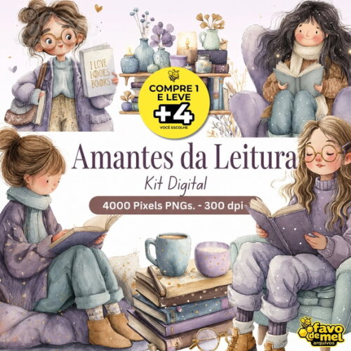 Kit Digital Meninas e Livros - Amantes da Leitura Aquarela