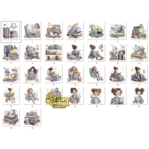 Kit Digital Meninas e Livros - Amantes da Leitura Aquarela