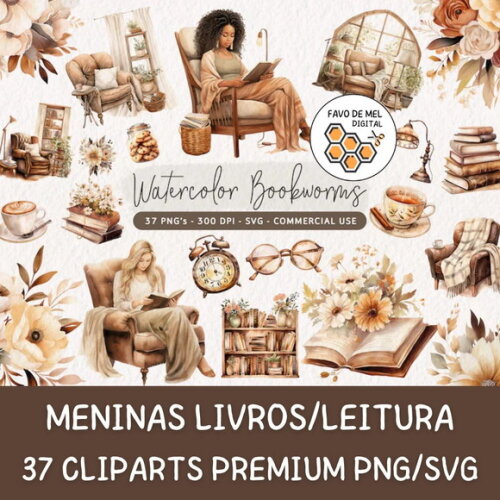Kit Digital Meninas Livros Leitura Aquarela - Bookworms