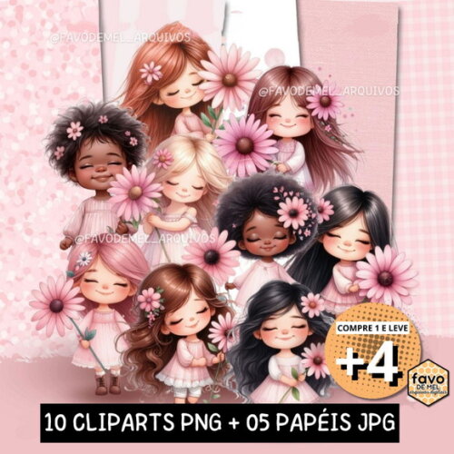 Kit Digital Menininhas Cute Flores Rosa Aquarela