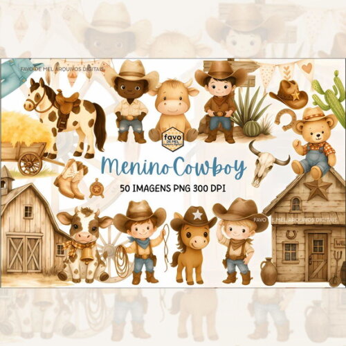 Kit Digital Menino Cowboy Aquarela Png Premium #17