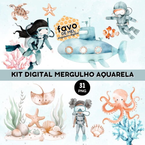 Kit Digital Mergulho Aquarela - Fundo do Mar 20 (paa)