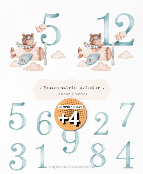 Kit Digital Mesversário Aviador - Ursinho Aviador Aquarela