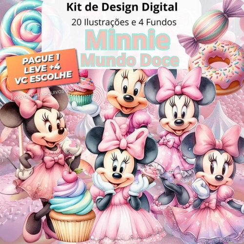 Kit Digital Minnie Mundo Doce Aquarela Png (pague 1 Leve +4)