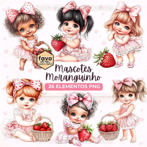 Kit Digital Moranguinho Aquarela Mascotes Meninas Png
