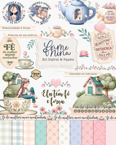 Kit Digital Motivacional Feminino Aquarela | Fé Menina