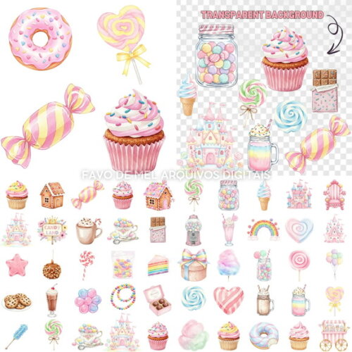 Kit Digital Mundo Doce #10 Candyland Aquarela Png Premium