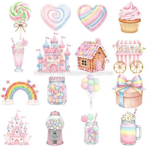 Kit Digital Mundo Doce #10 Candyland Aquarela Png Premium