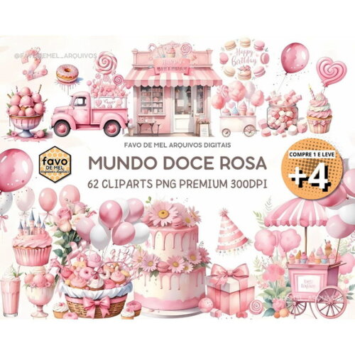 Kit Digital Mundo Doce #5 Confeitaria Rosa Aquarela Png